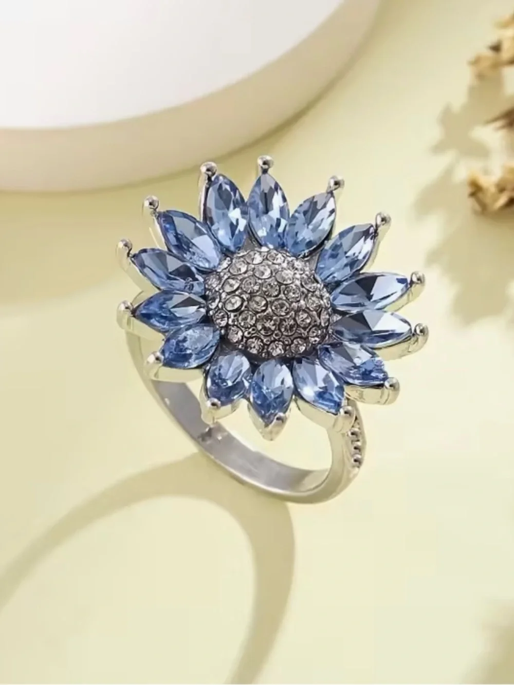 Silver-Tone Sunflower Cocktail Ring with Light Blue Stones